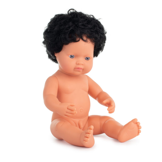 Baby doll caucasian curly black hair boy 38cm