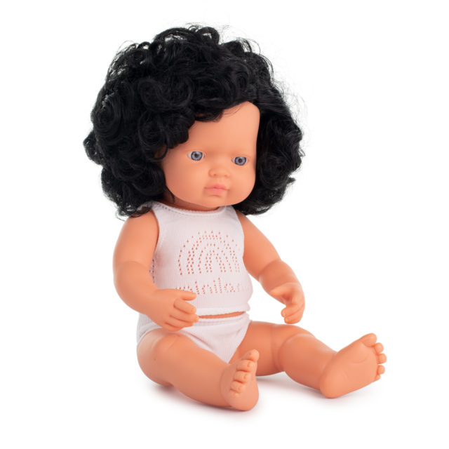 Baby doll caucasian curly black hair girl 38cm