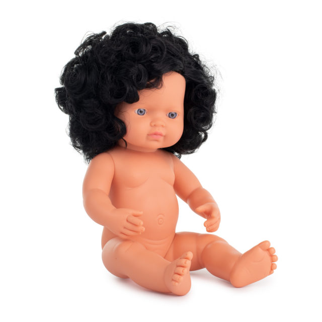 Baby doll caucasian curly black hair girl 38cm