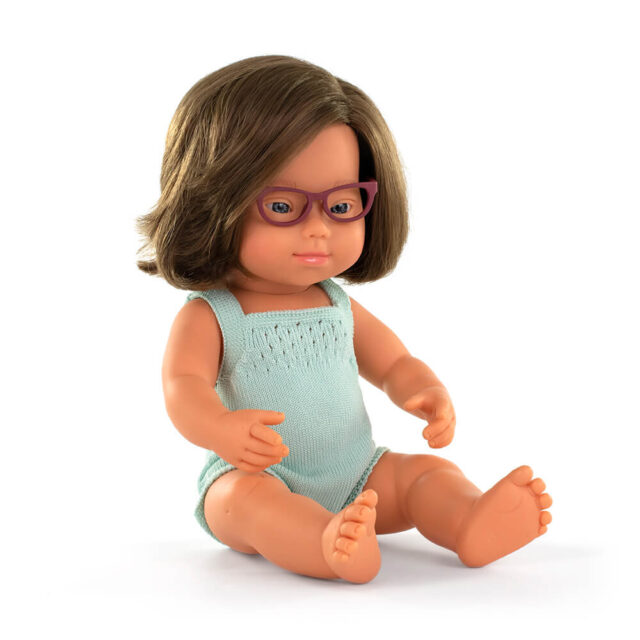 Baby doll caucasican girl with Down syndrome and glasses 38cm Colourful